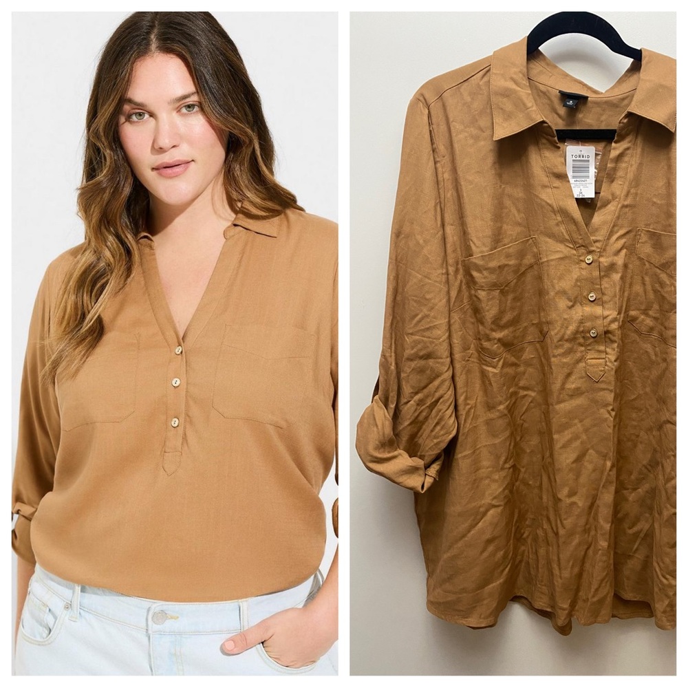 NWT Linen Pocket Henley, camel, Torrid, size 3